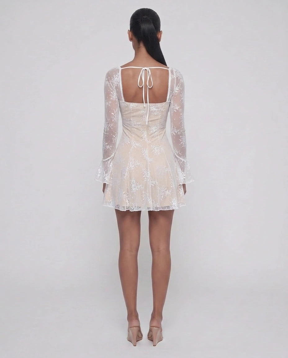 Lace - Square Neck Floral Lace Corset Mini Dress with Ribbon Lacing and Bell Sleeves