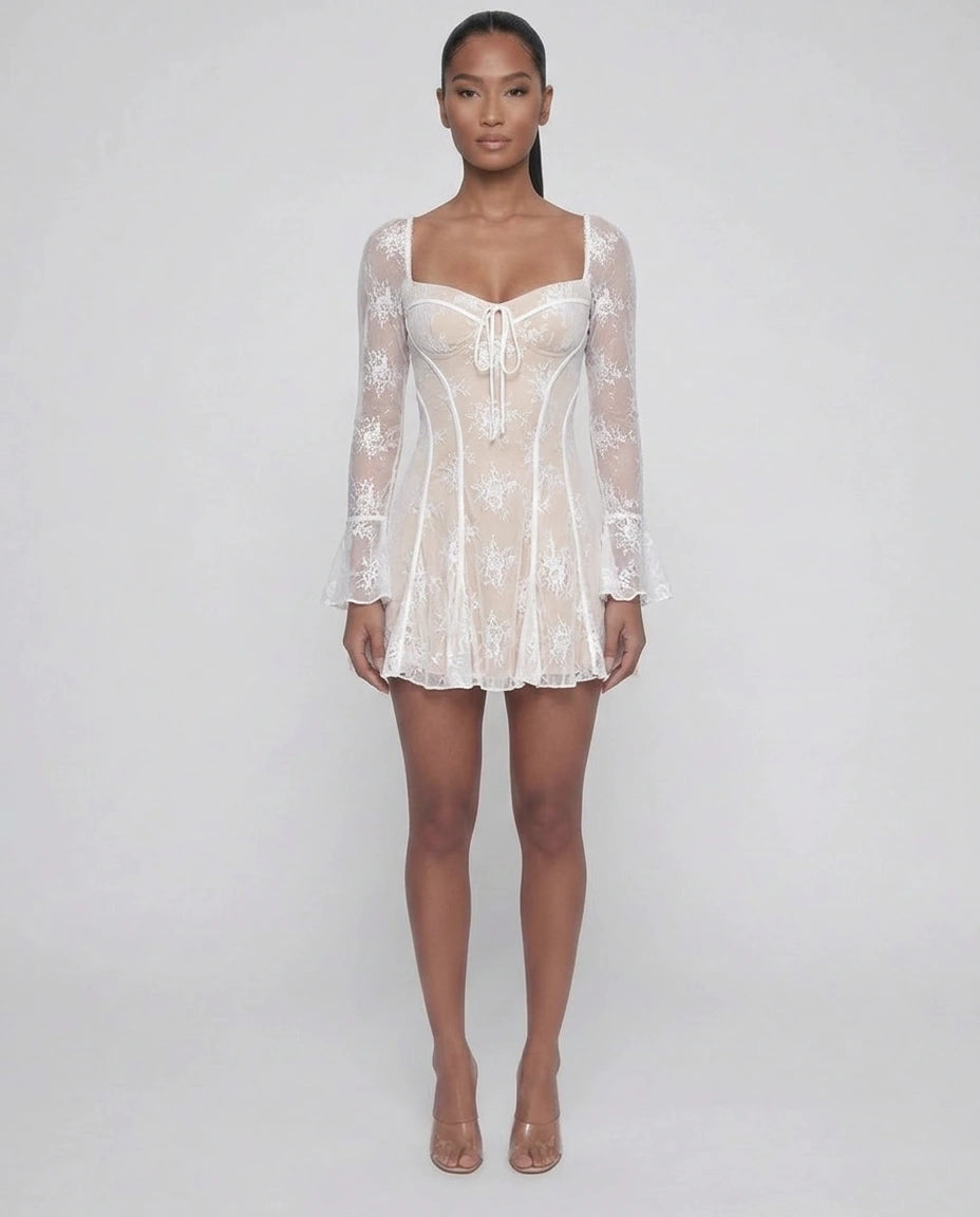 Lace - Square Neck Floral Lace Corset Mini Dress with Ribbon Lacing and Bell Sleeves