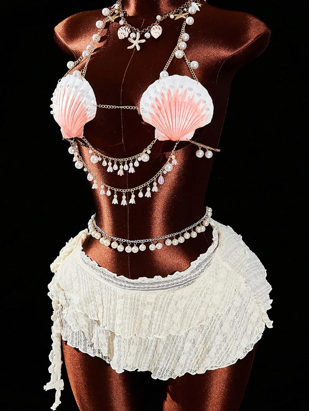 Mermaid Pearl – Ensemble Bikini Coquillage Chaîne Dorée & Perles Ella&No