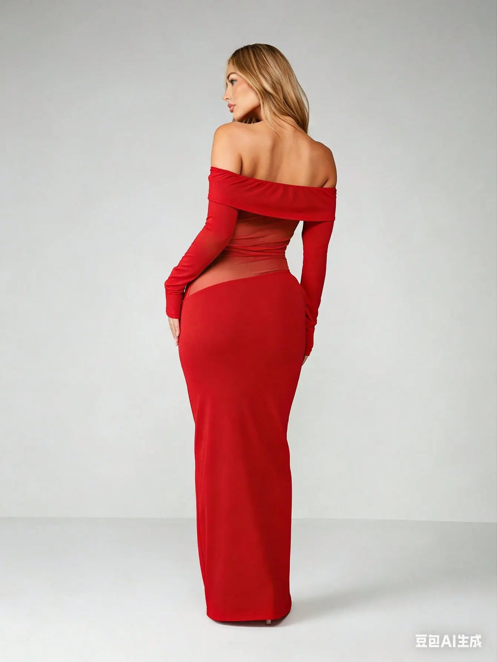 Minuit - Robe Longue Noire Bardot Twist Manches Longues Insert Mesh Transparent Fourreau Ella&No