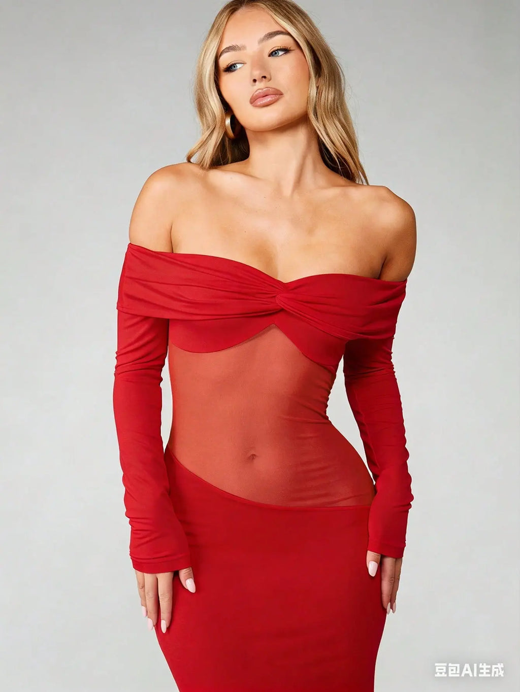 Minuit - Robe Longue Noire Bardot Twist Manches Longues Insert Mesh Transparent Fourreau Ella&No