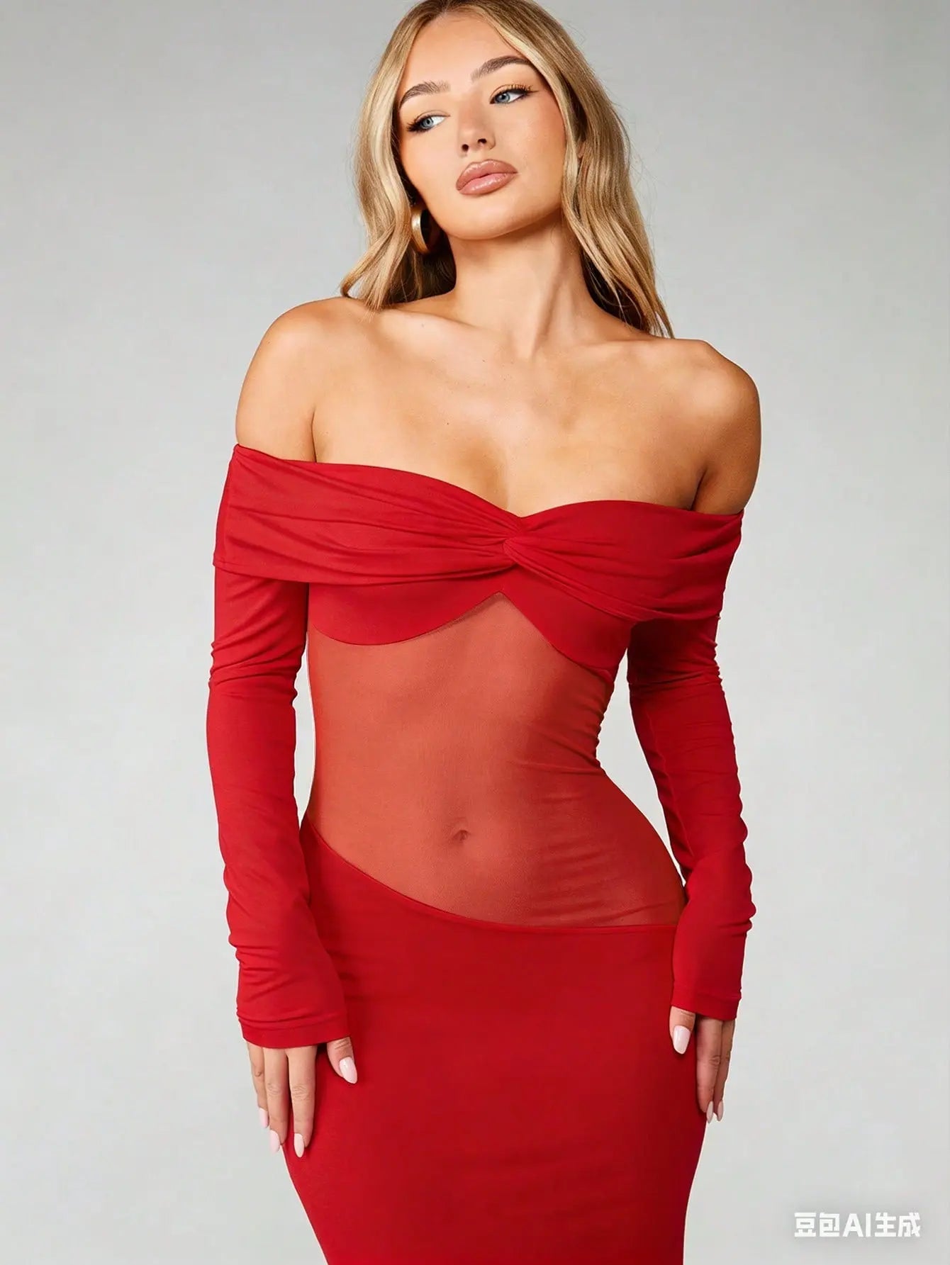 Minuit - Robe Longue Noire Bardot Twist Manches Longues Insert Mesh Transparent Fourreau Ella&No