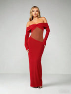 Minuit - Robe Longue Noire Bardot Twist Manches Longues Insert Mesh Transparent Fourreau Ella&No