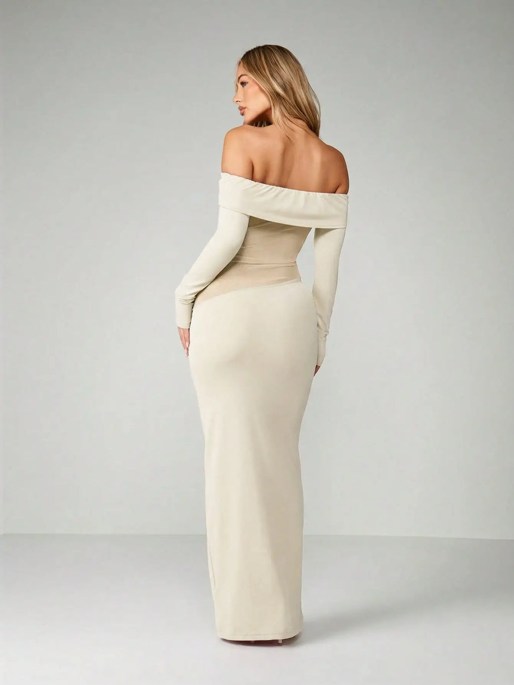 Minuit - Robe Longue Noire Bardot Twist Manches Longues Insert Mesh Transparent Fourreau Ella&No
