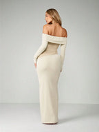Minuit - Robe Longue Noire Bardot Twist Manches Longues Insert Mesh Transparent Fourreau Ella&No