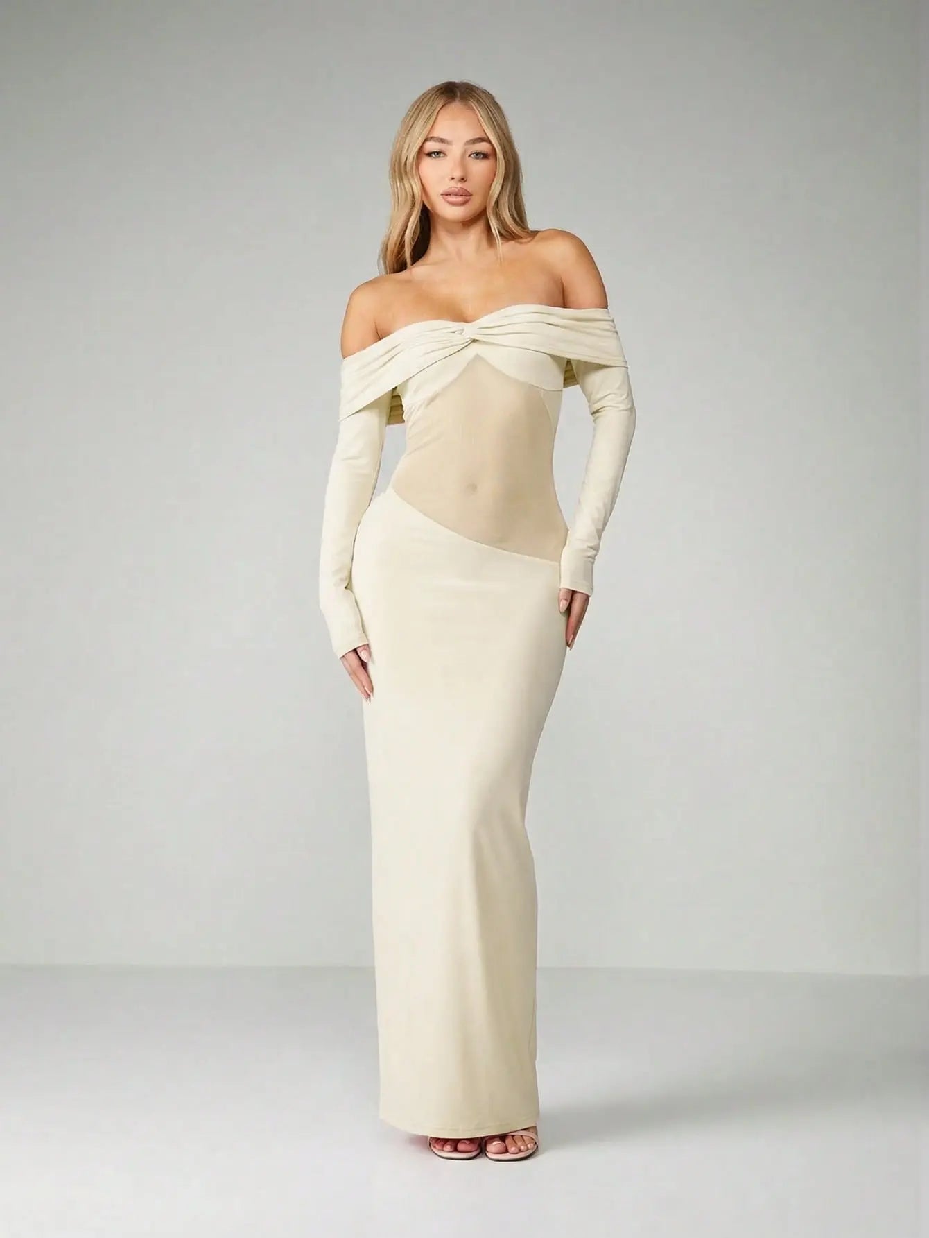 Minuit - Robe Longue Noire Bardot Twist Manches Longues Insert Mesh Transparent Fourreau Ella&No
