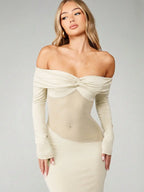 Minuit - Robe Longue Noire Bardot Twist Manches Longues Insert Mesh Transparent Fourreau Ella&No