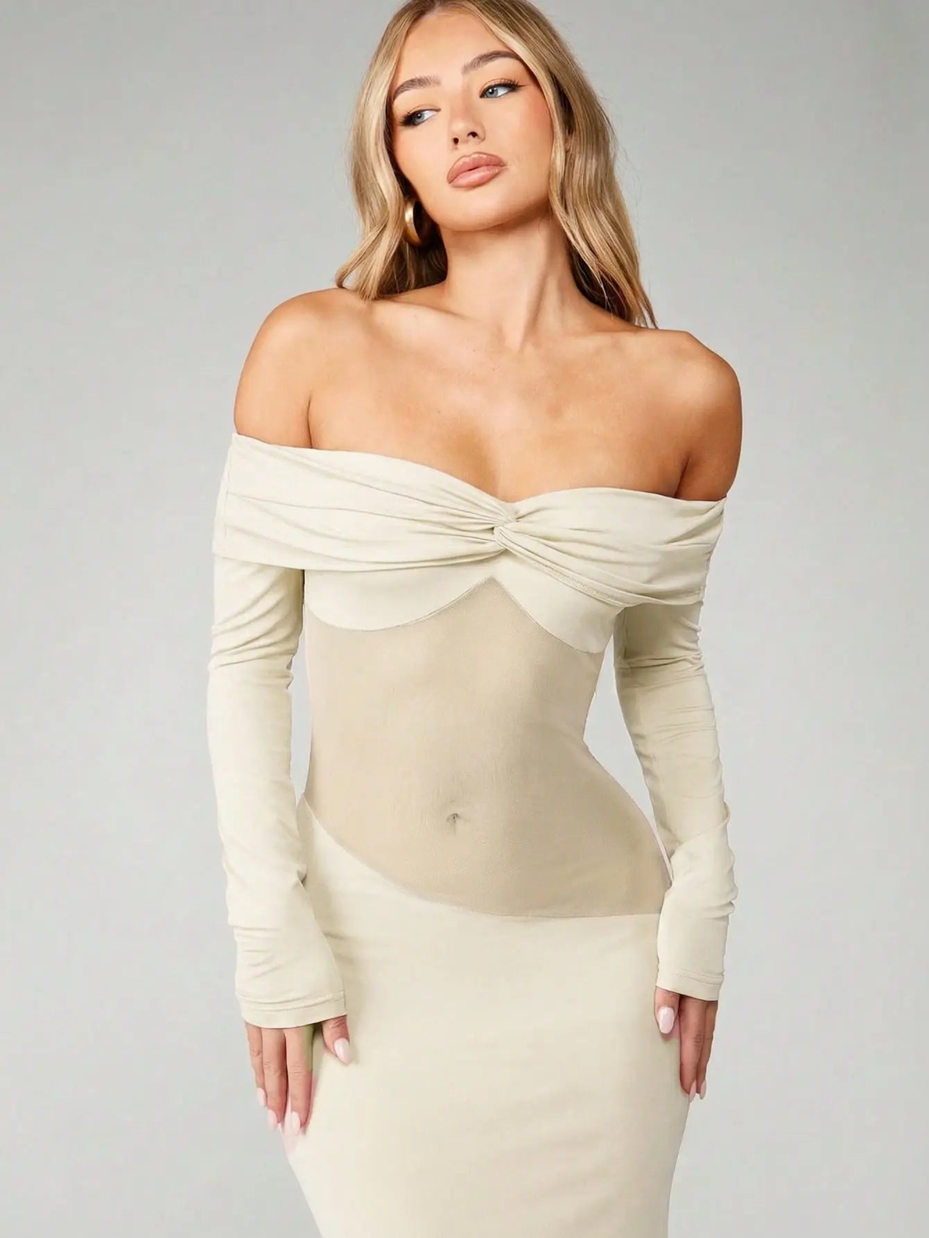 Minuit - Robe Longue Noire Bardot Twist Manches Longues Insert Mesh Transparent Fourreau Ella&No