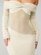 Minuit - Robe Longue Noire Bardot Twist Manches Longues Insert Mesh Transparent Fourreau Ella&No