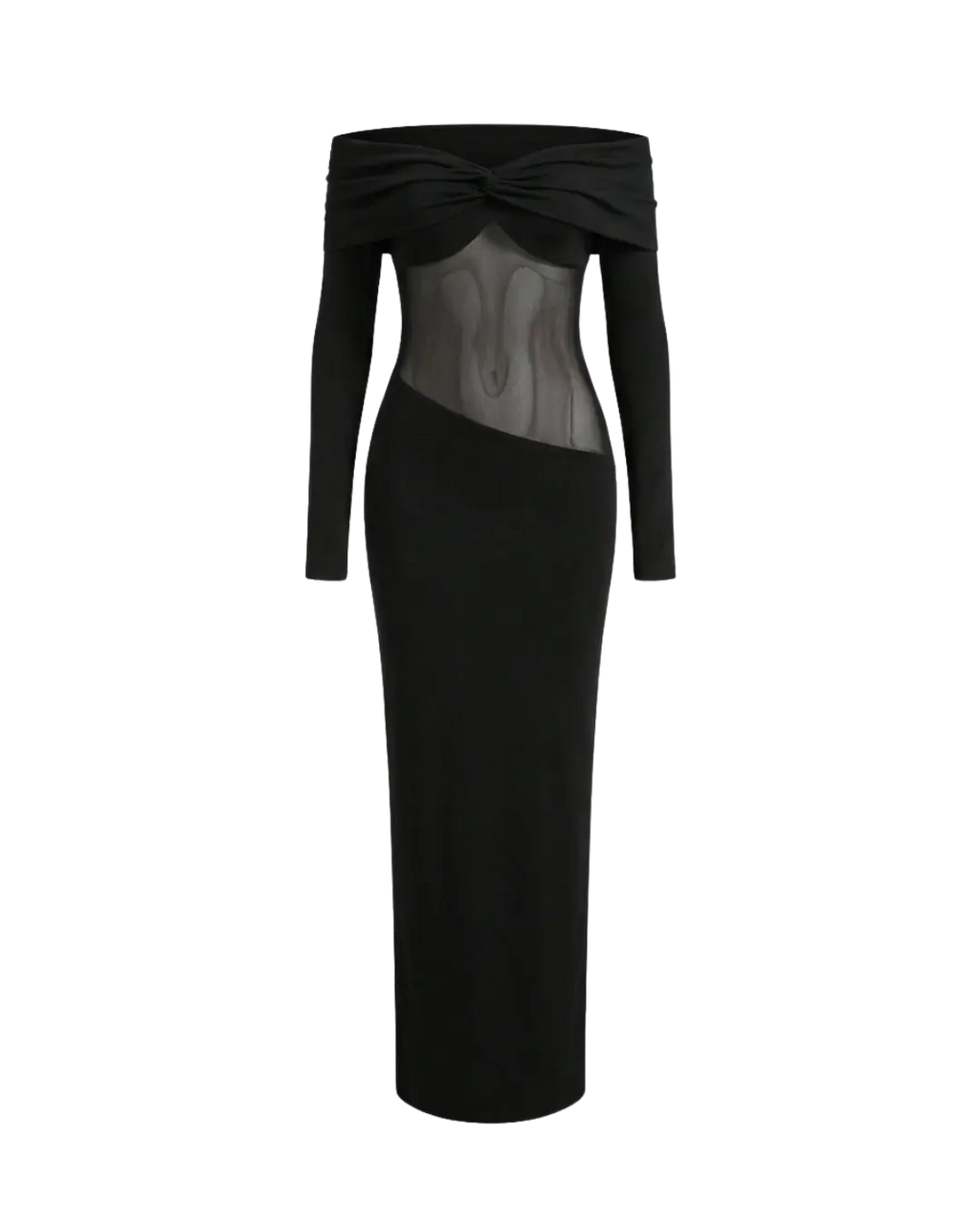 Minuit - Robe Longue Noire Bardot Twist Manches Longues Insert Mesh Transparent Fourreau Ella&No