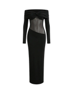 Minuit - Robe Longue Noire Bardot Twist Manches Longues Insert Mesh Transparent Fourreau Ella&No