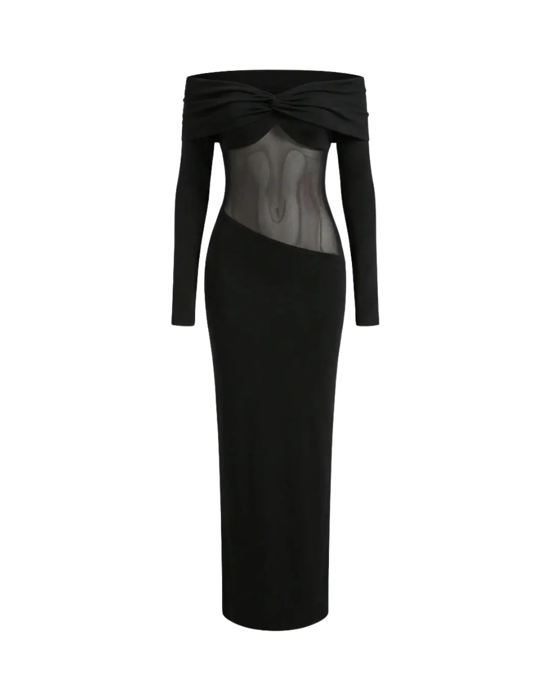 Minuit - Robe Longue Noire Bardot Twist Manches Longues Insert Mesh Transparent Fourreau Ella&No