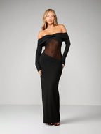 Minuit - Robe Longue Noire Bardot Twist Manches Longues Insert Mesh Transparent Fourreau Ella&No