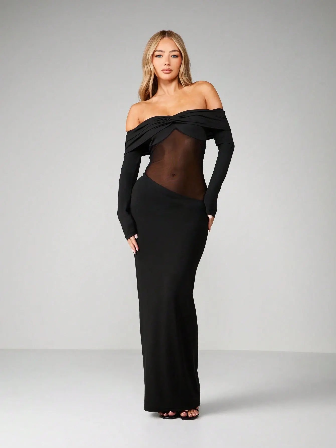 Minuit - Robe Longue Noire Bardot Twist Manches Longues Insert Mesh Transparent Fourreau Ella&No