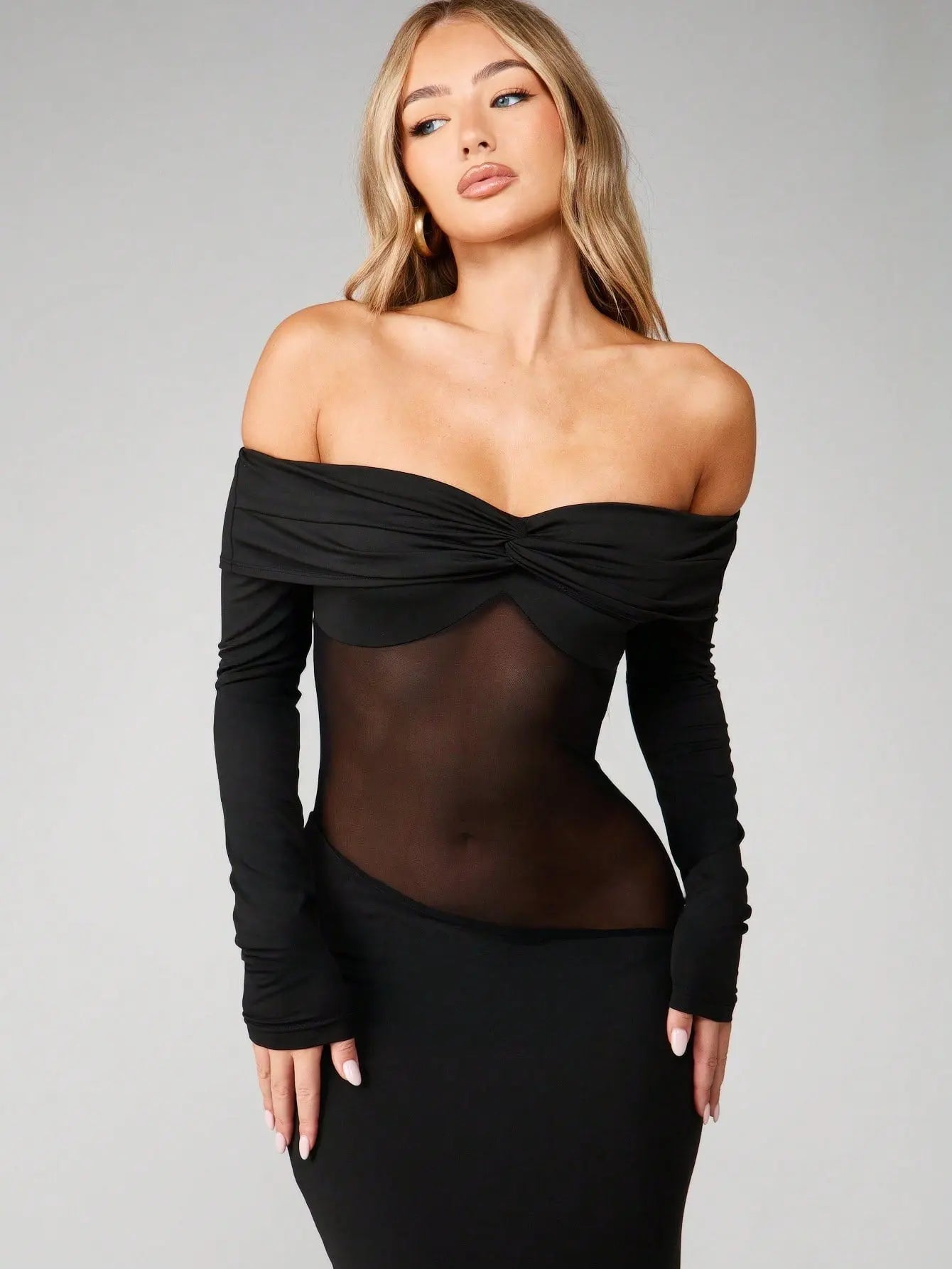 Minuit - Robe Longue Noire Bardot Twist Manches Longues Insert Mesh Transparent Fourreau Ella&No