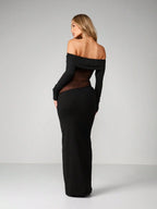 Minuit - Robe Longue Noire Bardot Twist Manches Longues Insert Mesh Transparent Fourreau Ella&No