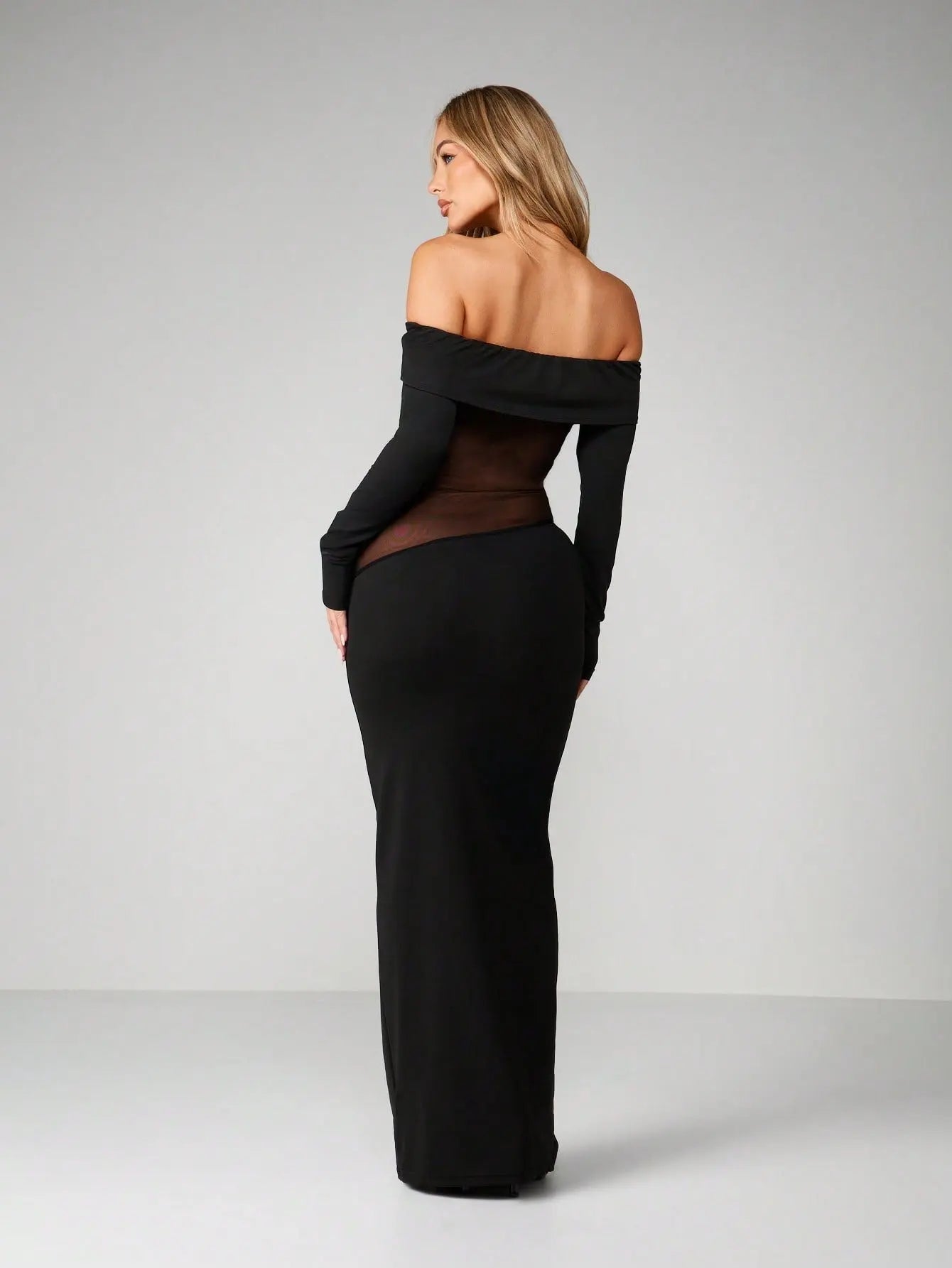 Minuit - Robe Longue Noire Bardot Twist Manches Longues Insert Mesh Transparent Fourreau Ella&No