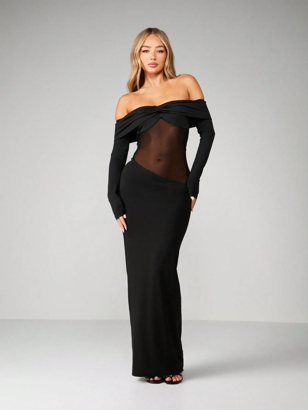 Minuit - Robe Longue Noire Bardot Twist Manches Longues Insert Mesh Transparent Fourreau Ella&No