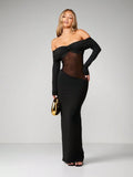 Minuit - Robe Longue Noire Bardot Twist Manches Longues Insert Mesh Transparent Fourreau Ella&No