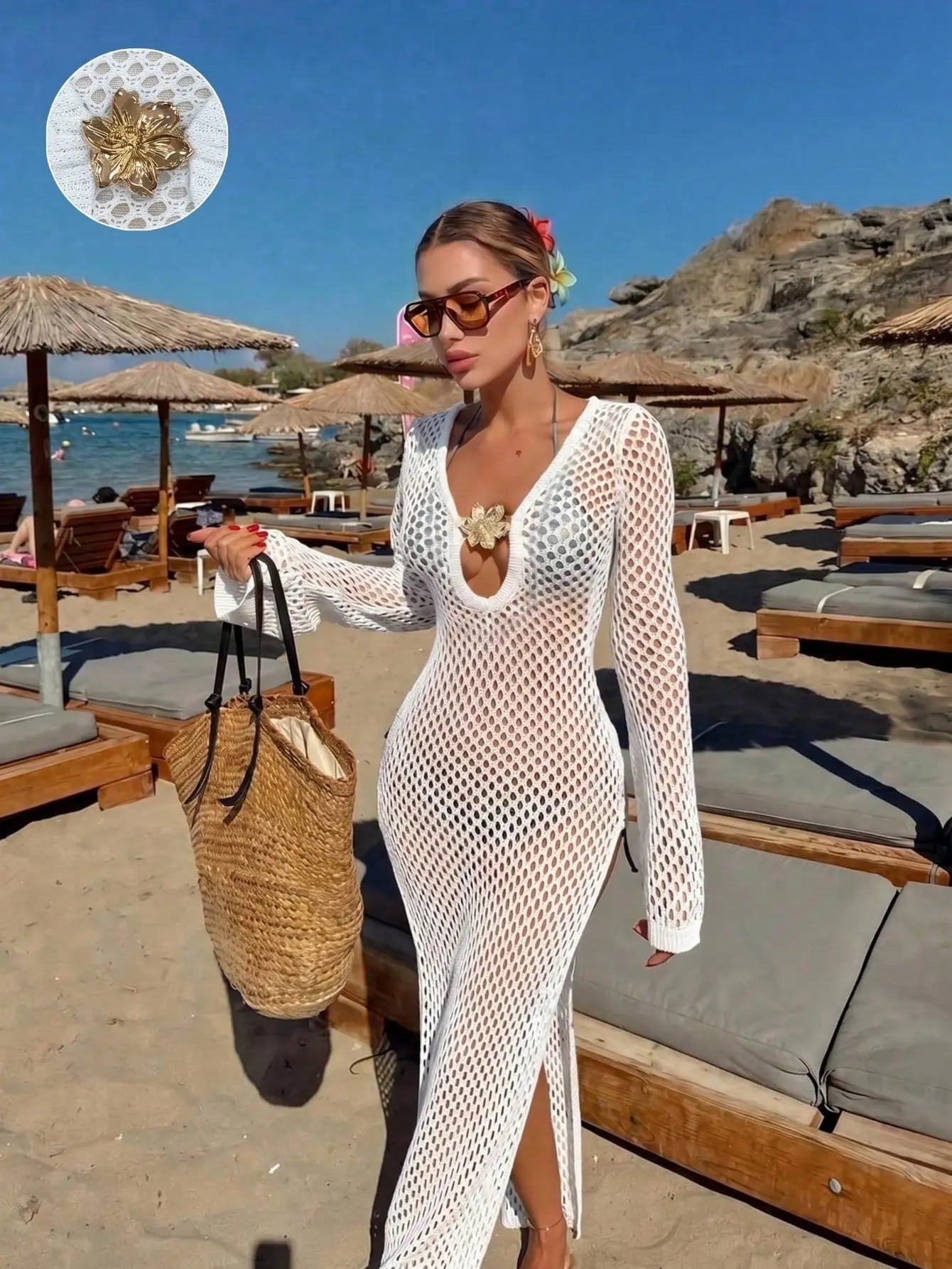 Mykonos Dream – Robe Maxi Crochet Filet Col V Manches Longues Fente Ella&No