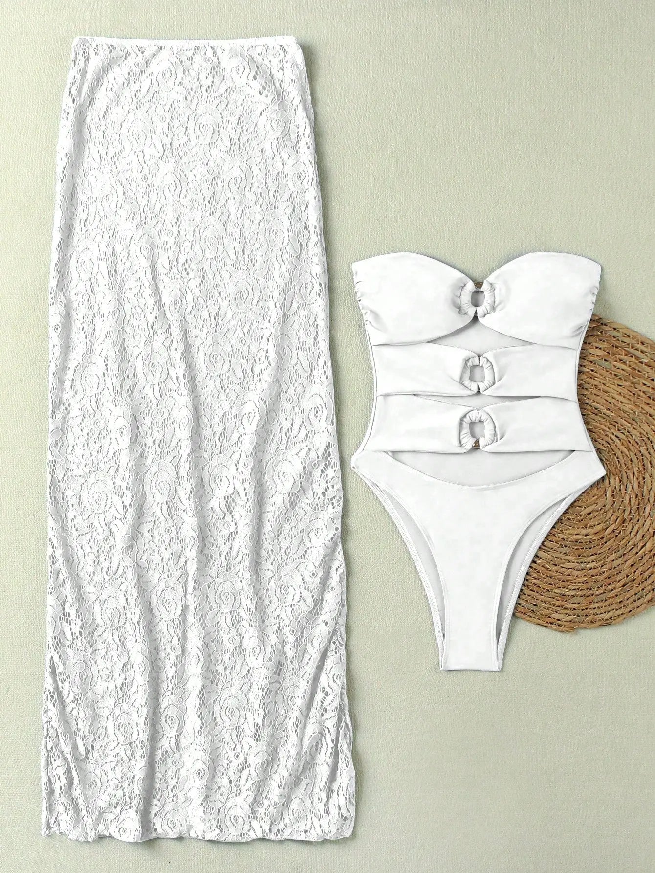 Nuits d’Ibiza – Ensemble 2 Pièces Bandeau Cut-Out Boucles Dorées & Jupe Maxi Dentelle Ella&No