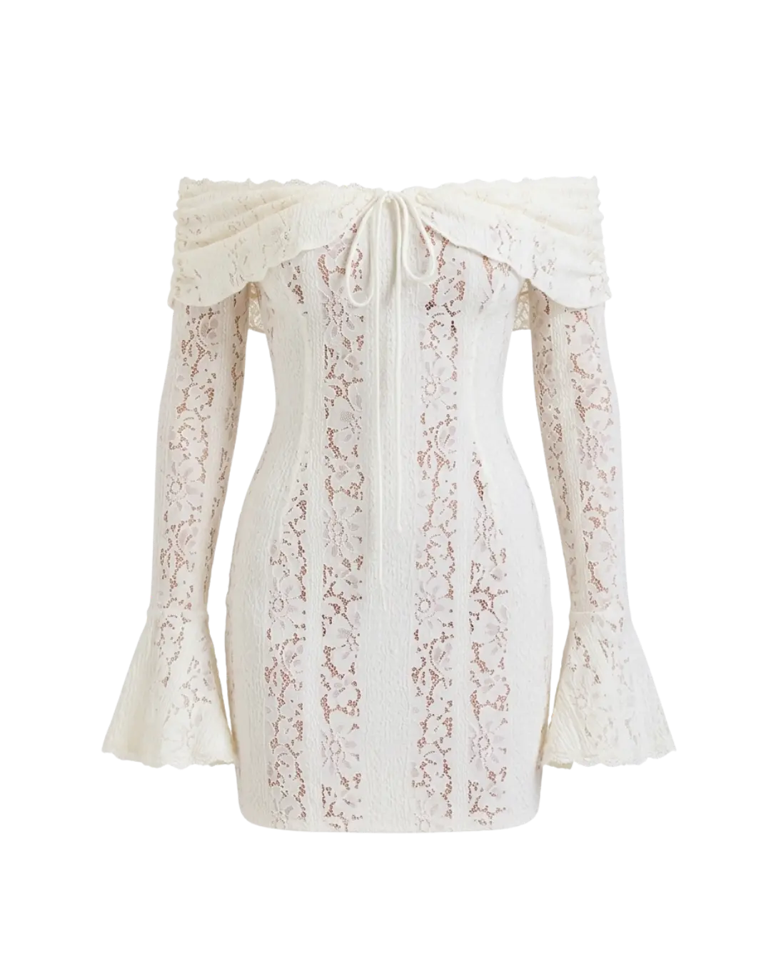 Sadie – Mini Robe Dentelle Florale Épaules Dénudées Manches Évasées Corsage Baleiné Ella&No