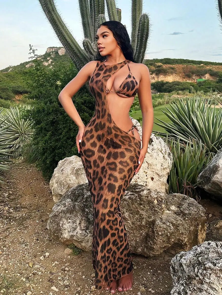Savage Luxe – Ensemble 3 Pièces Robe Maxi Cut-Out & Bikini Imprimé Léopard Ella&No