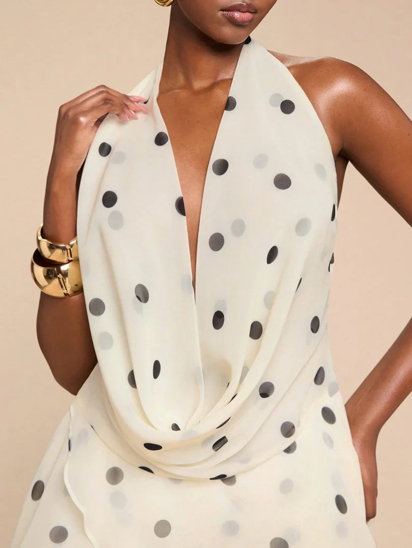 Sheer Polka Dot Backless Halter Mini Dress Ella&No