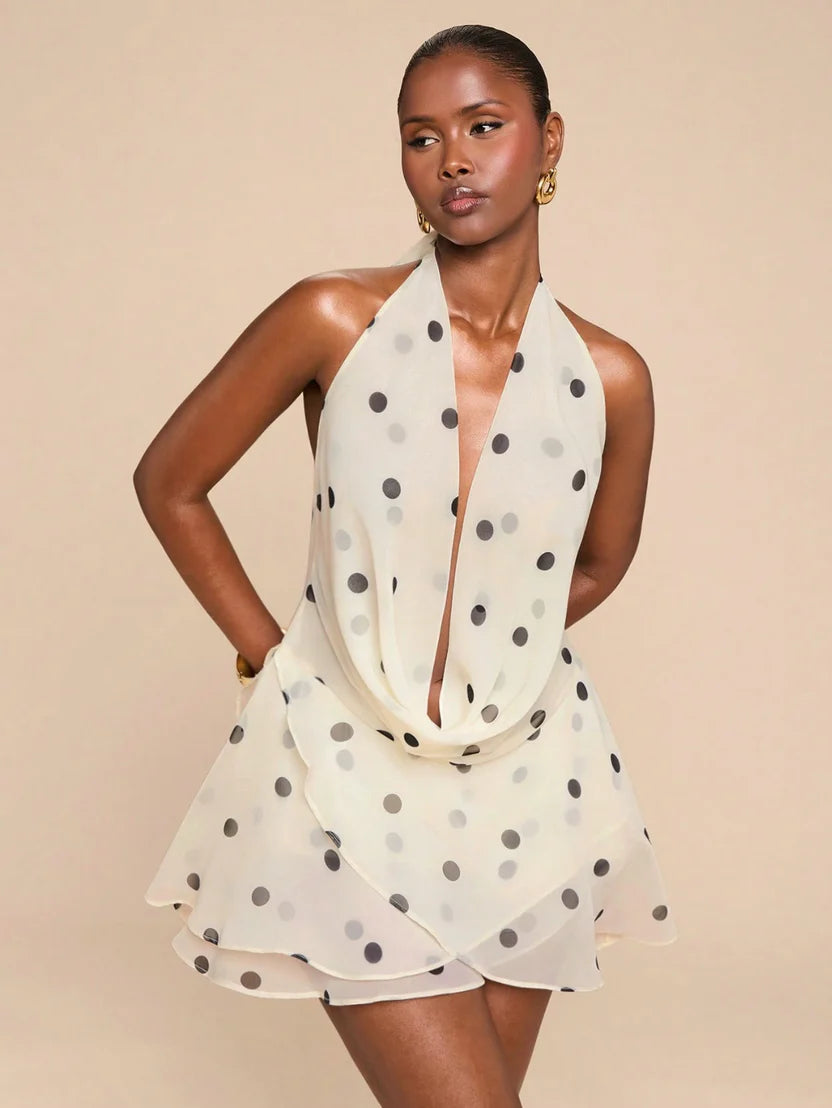 Sheer Polka Dot Backless Halter Mini Dress Ella&No