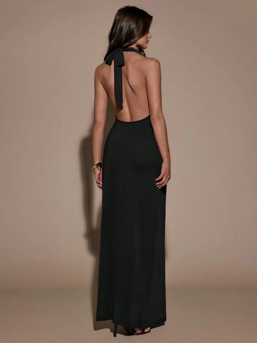 Noiréa – Robe Maxi Halter Noire Décolleté V Plongeant & Dos Nu Ella&No