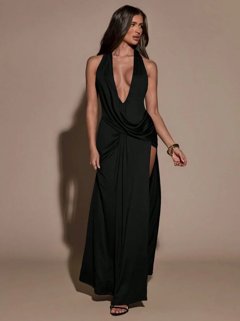 Noiréa – Robe Maxi Halter Noire Décolleté V Plongeant & Dos Nu Ella&No