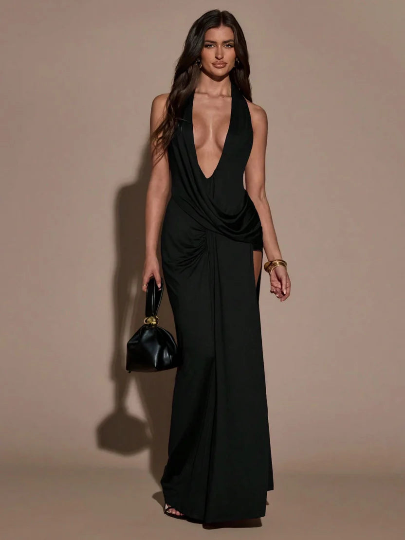 Noiréa – Robe Maxi Halter Noire Décolleté V Plongeant & Dos Nu Ella&No