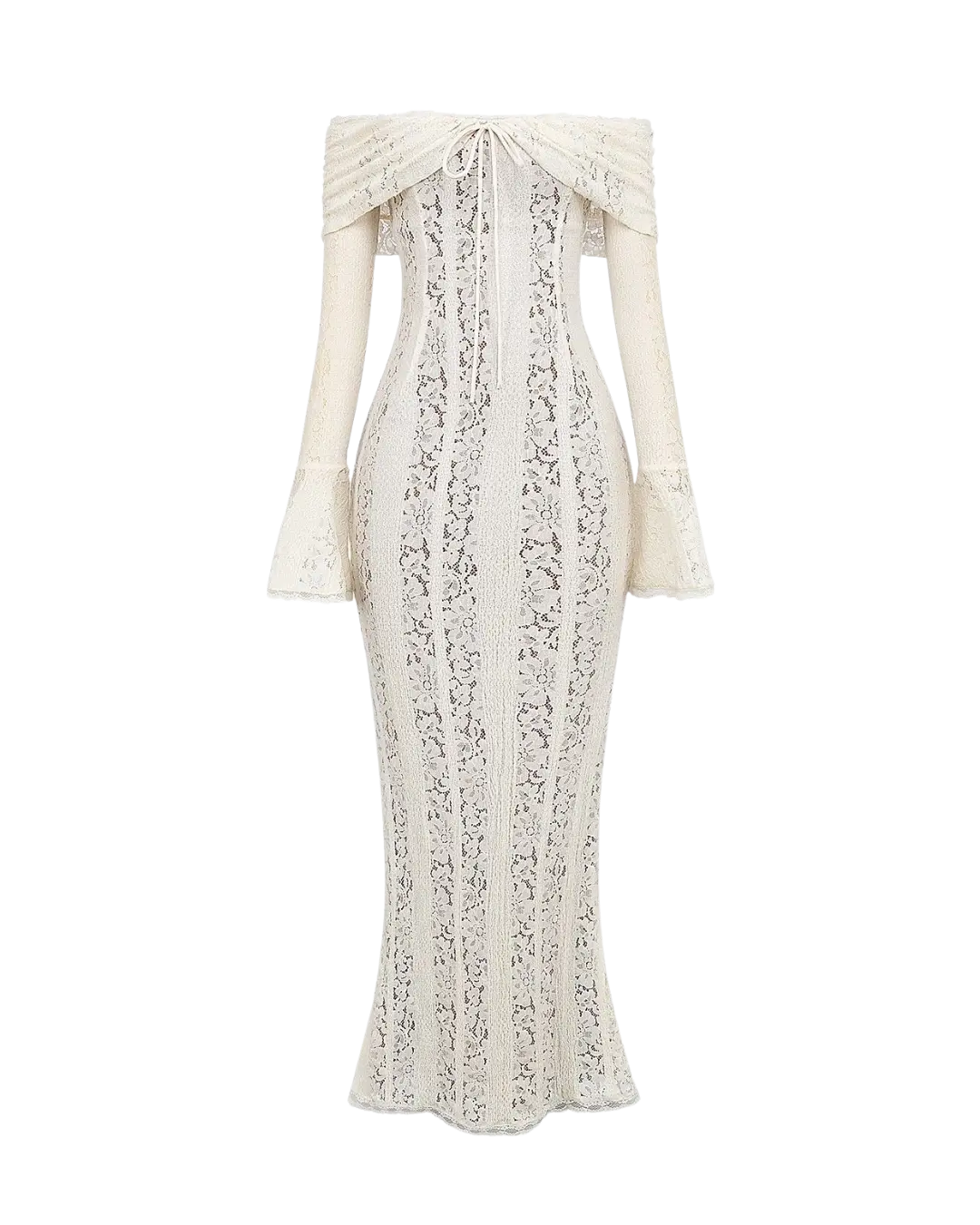 Élégance et Séduction - Robe blanche en dentelle à manches longues et épaules dénudées Ella&No