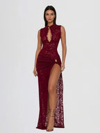 Sira – Robe Longue Dentelle Stretch Découpes Trou de Serrure Sans Manches Ella&No