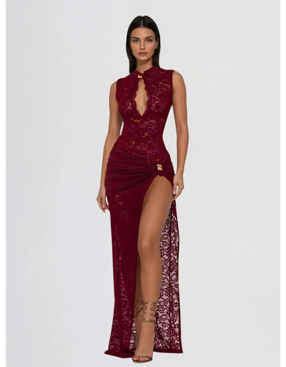 Sira – Robe Longue Dentelle Stretch Découpes Trou de Serrure Sans Manches Ella&No