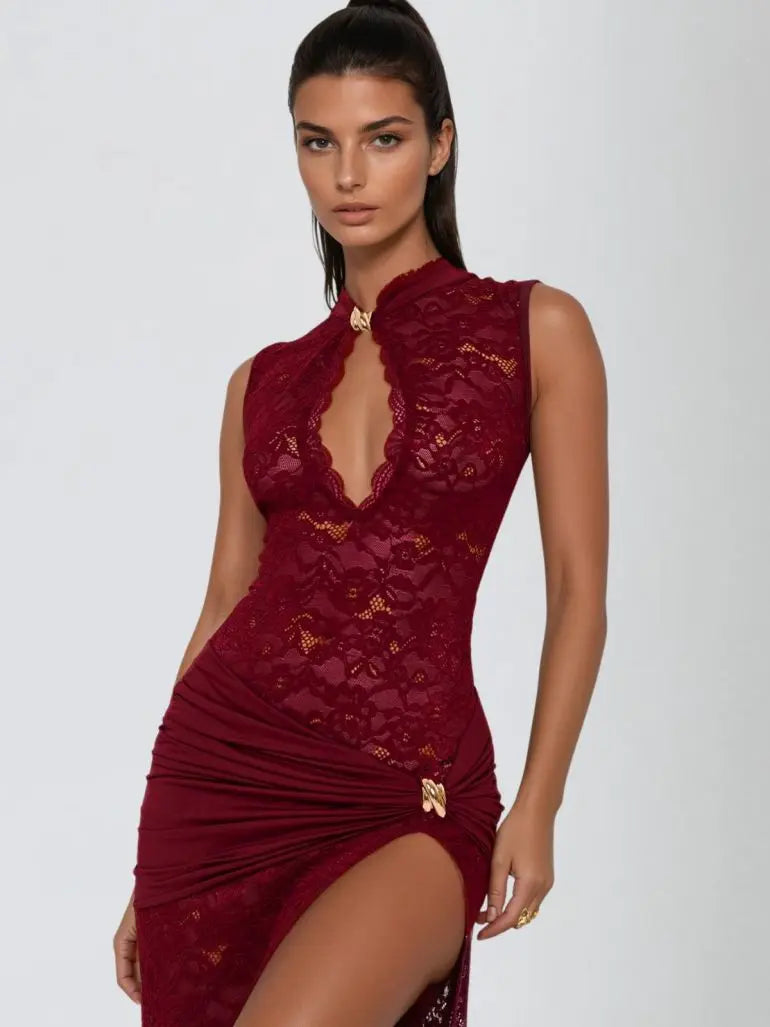 Sira – Robe Longue Dentelle Stretch Découpes Trou de Serrure Sans Manches Ella&No