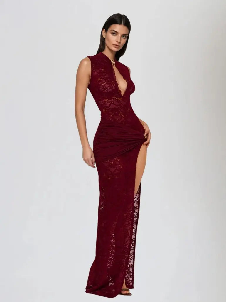 Sira – Robe Longue Dentelle Stretch Découpes Trou de Serrure Sans Manches Ella&No