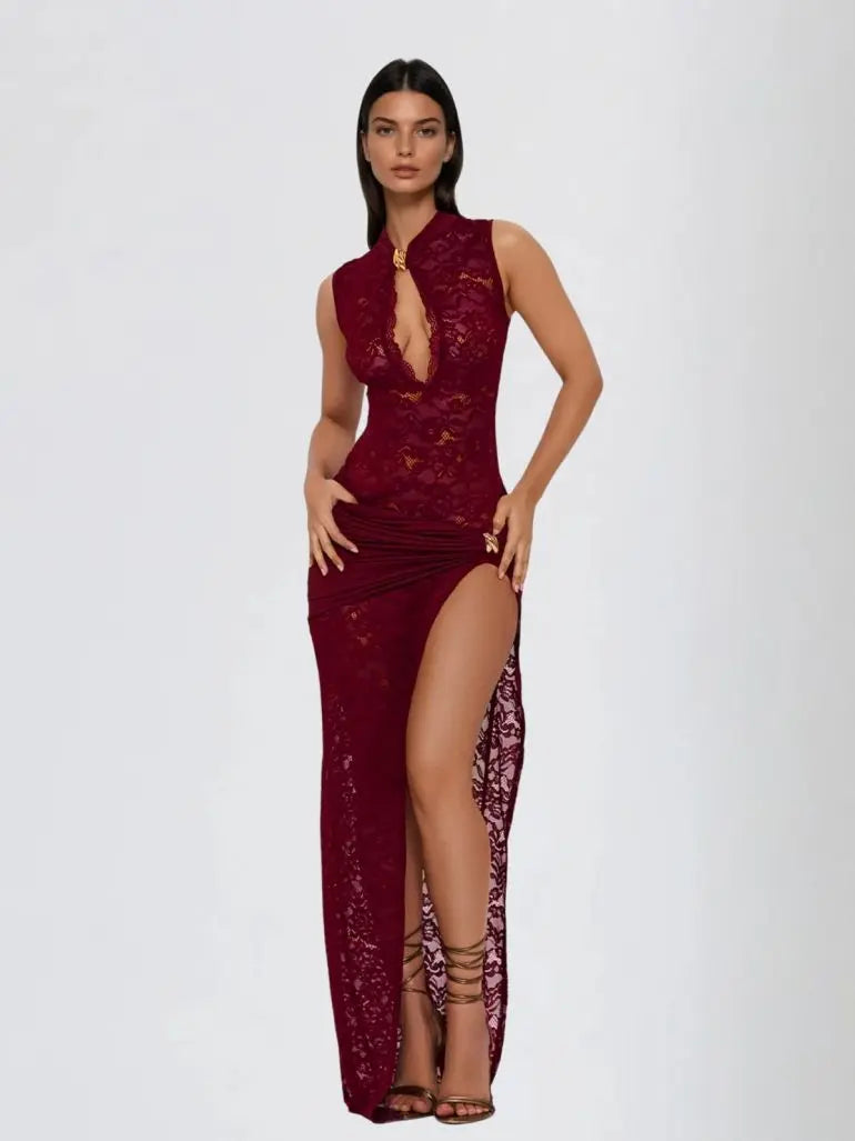 Sira – Robe Longue Dentelle Stretch Découpes Trou de Serrure Sans Manches Ella&No