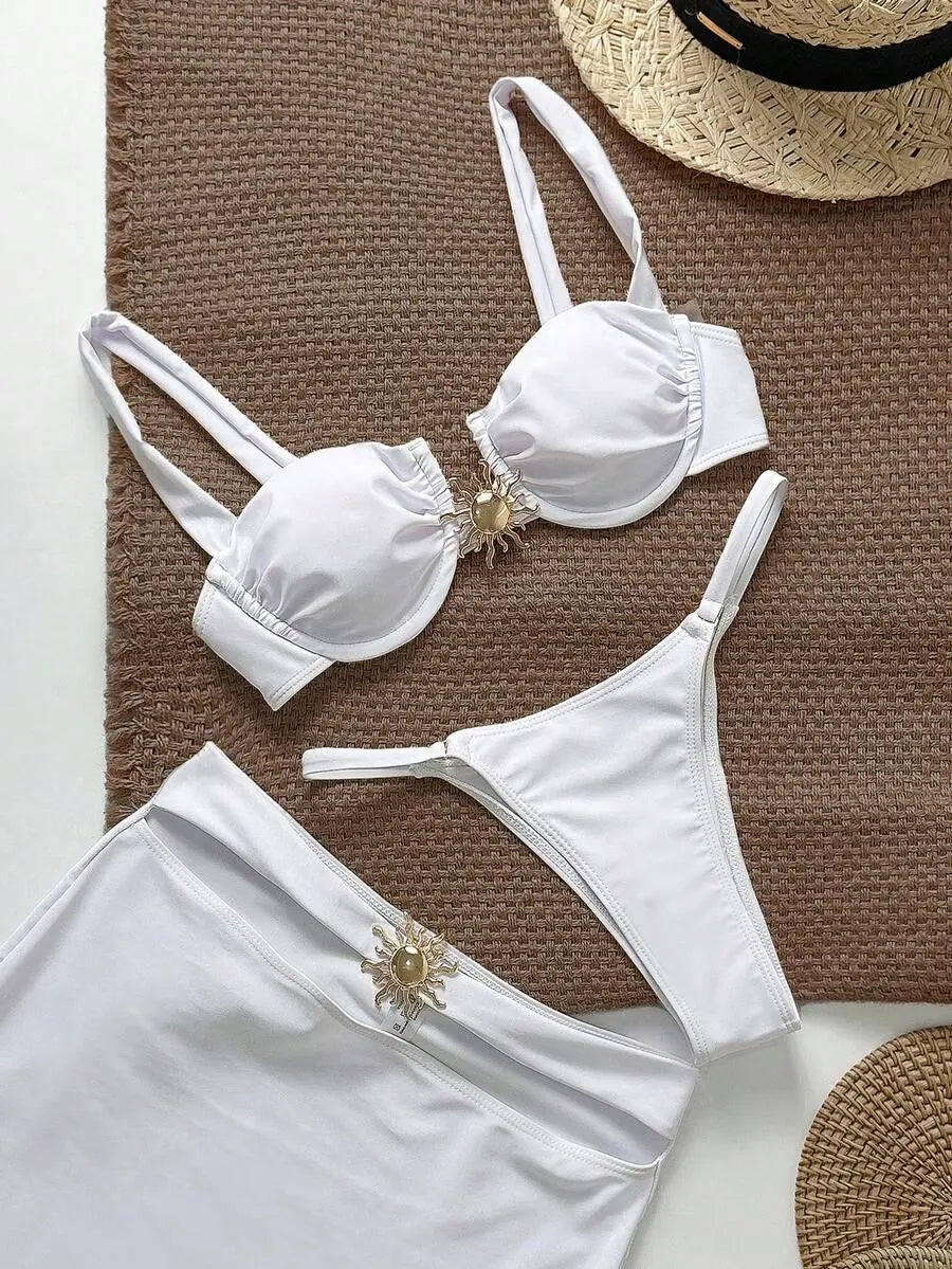 Sol Dorado – Ensemble 3 Pièces Bikini Bustier Broche Soleil Doré & Jupe Maxi Ella&No