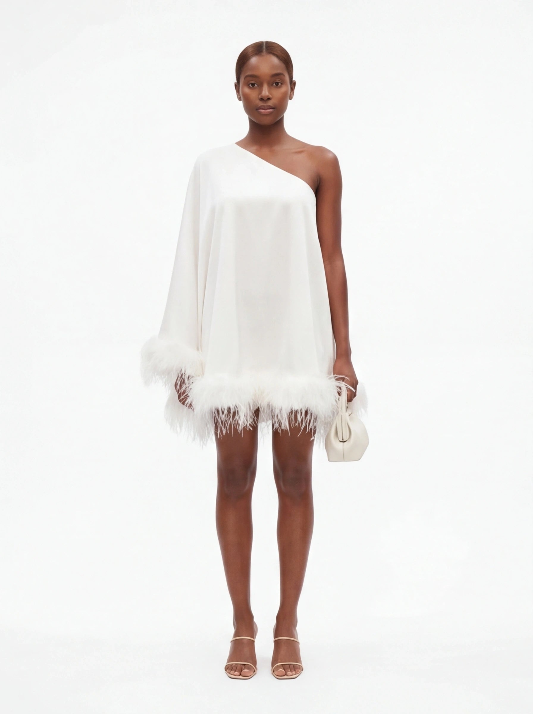 Alba - White One-Shoulder Feather Mini Dress