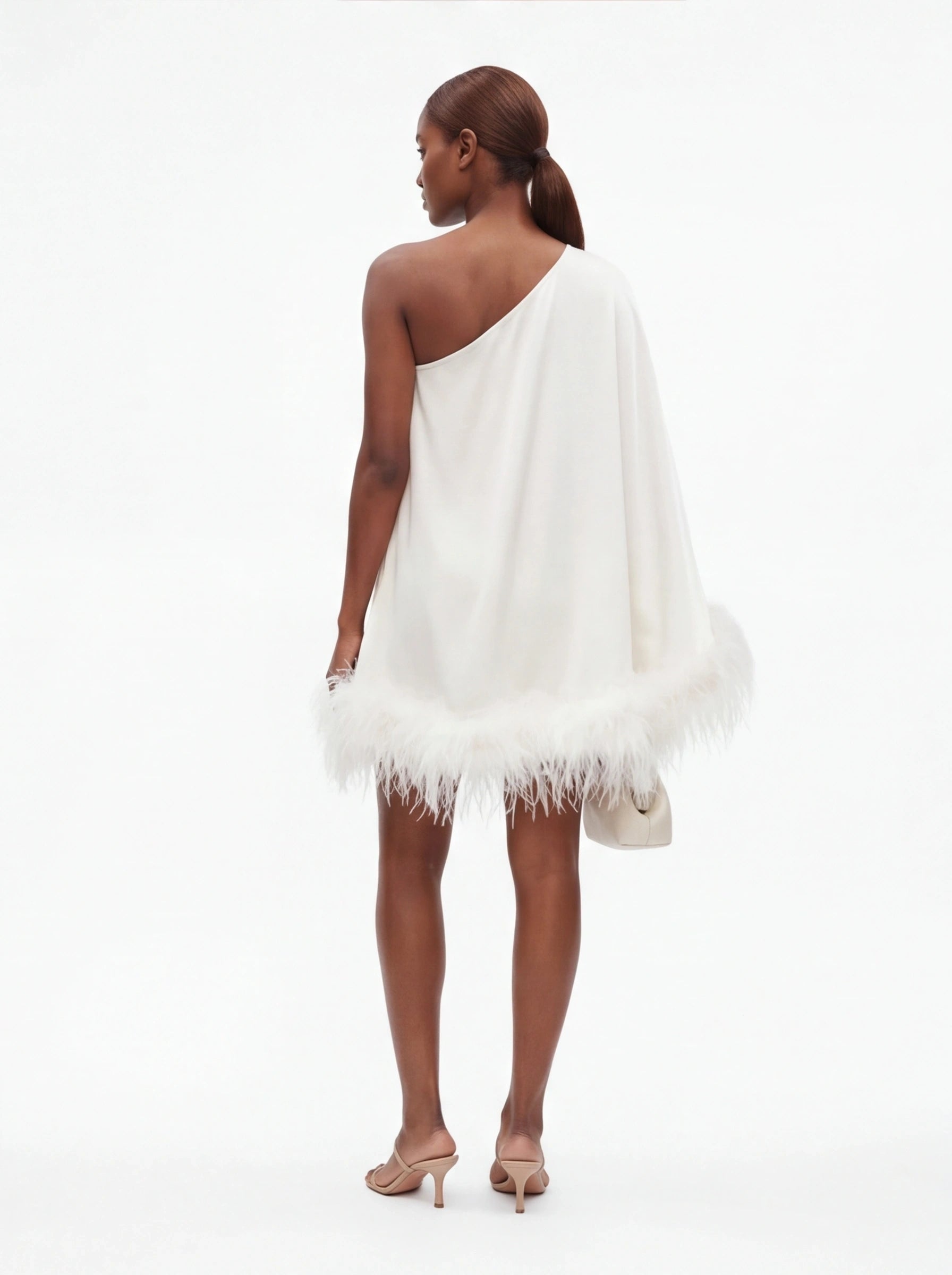 Alba - White One-Shoulder Feather Mini Dress