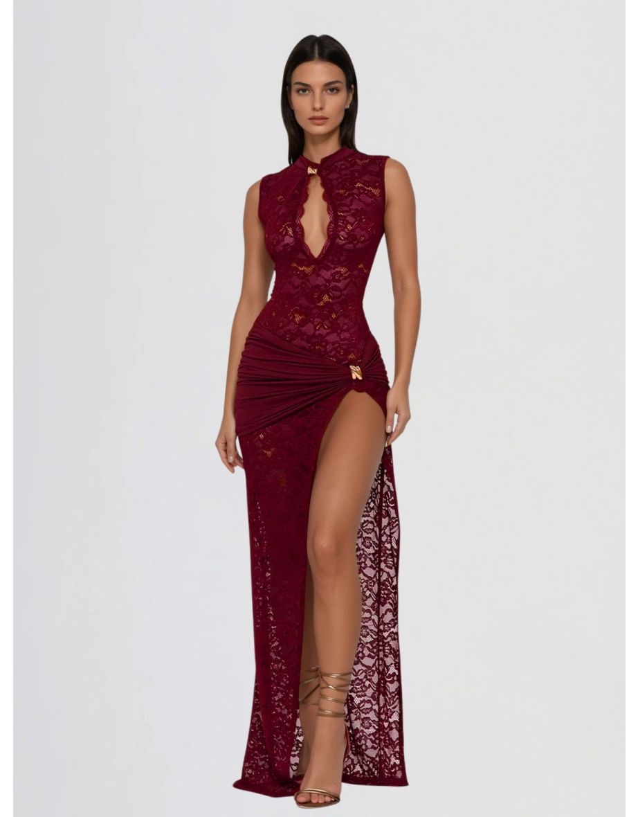 Sira – Robe Longue Dentelle Stretch Découpes Trou de Serrure Sans Manches Ella&No