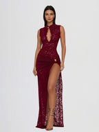 Sira – Robe Longue Dentelle Stretch Découpes Trou de Serrure Sans Manches Ella&No