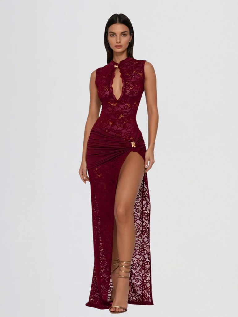 Sira – Robe Longue Dentelle Stretch Découpes Trou de Serrure Sans Manches Ella&No