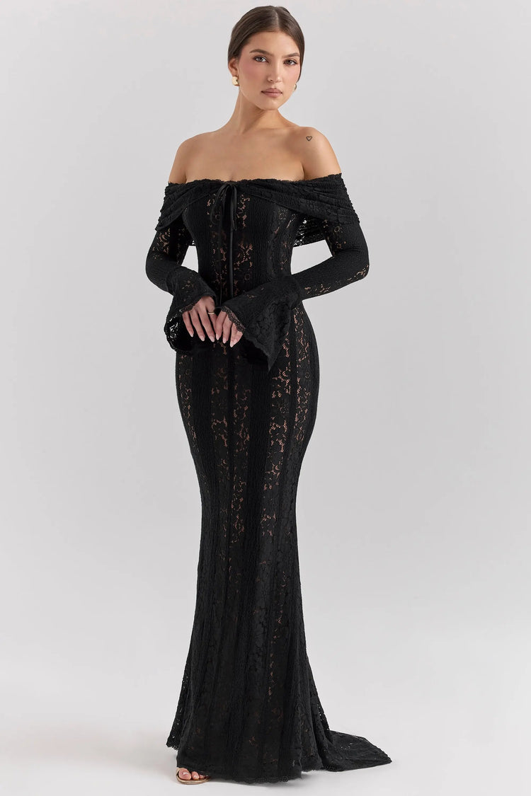 Élégance et Séduction - Robe blanche en dentelle à manches longues et épaules dénudées Ella&No