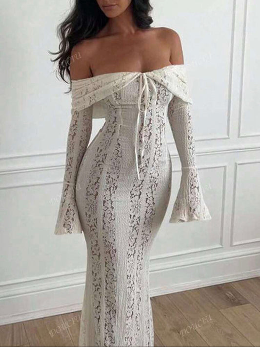 Élégance et Séduction - Robe blanche en dentelle à manches longues et épaules dénudées - Ella&No  